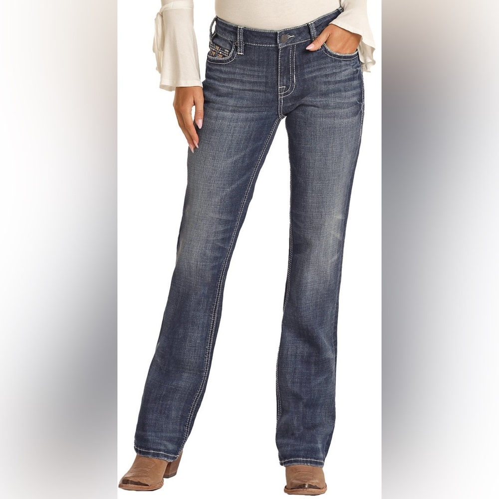 ROCK&ROLL‎ DENIM MID RISE STRETCH AZTEC LEATHER EMBROIDERED BOOTCUT JEANS -28x34 - Picture 2 of 12
